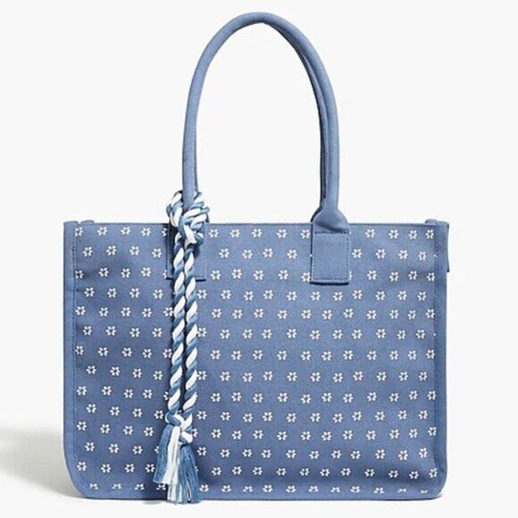 J Crew Women's Structured Chambray Cotton Tote Bag Blue‎ NEW $128 - Picture 2 of 3